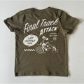 Military green Final Track Attack kids tee, large motorcycle graphic, flat view