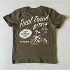 Military green Final Track Attack kids tee, large motorcycle graphic, flat view