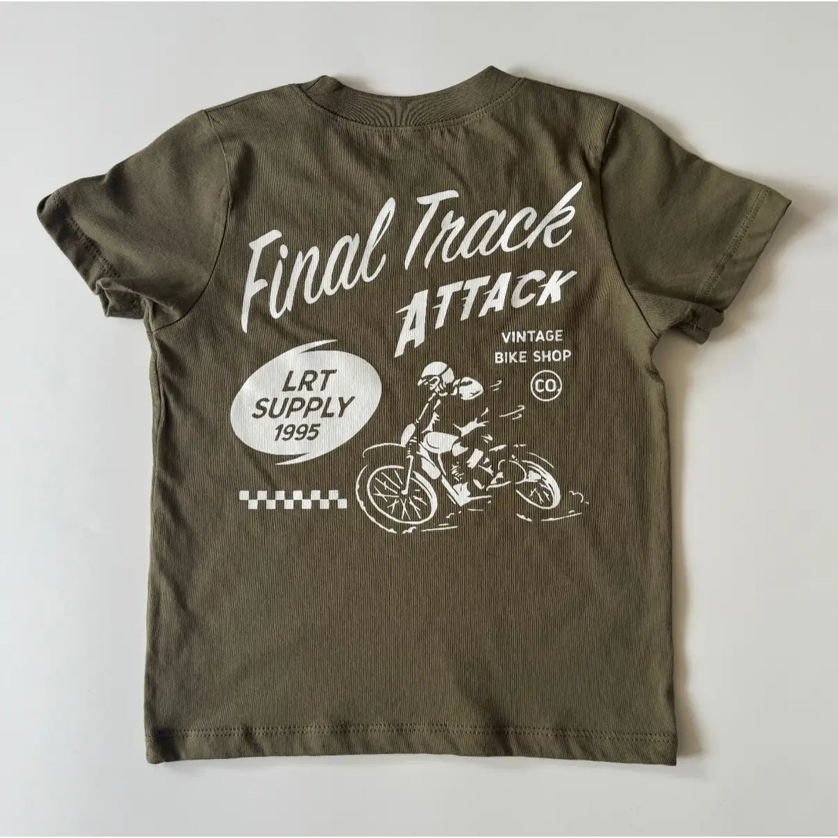 Military green Final Track Attack kids tee, large motorcycle graphic, flat view