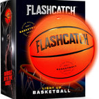 FlashCatch light-up basketball glowing orange next to its retail box