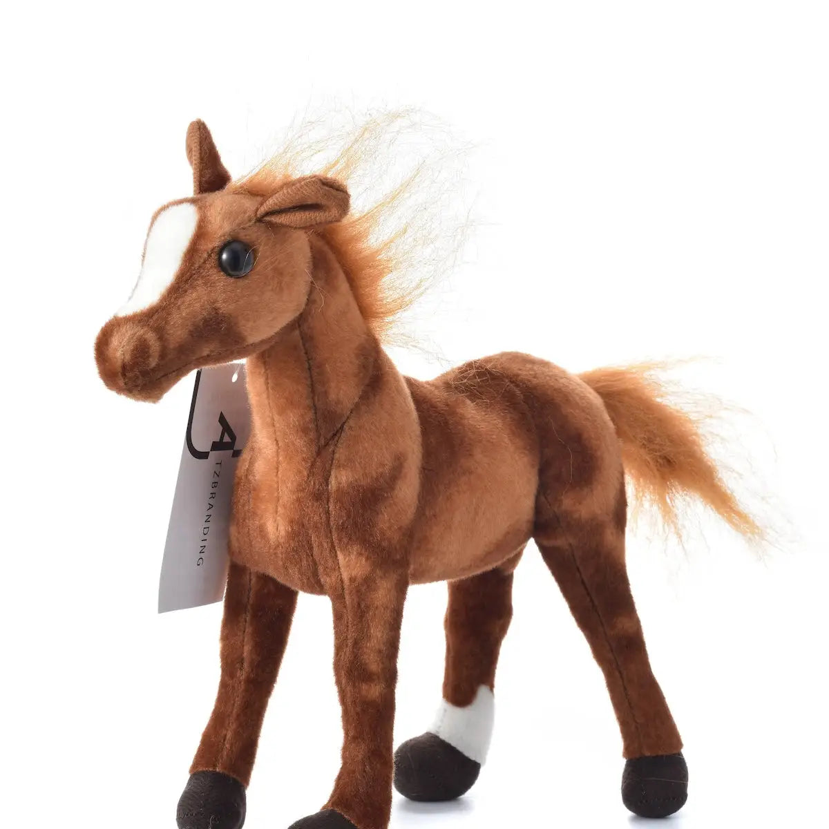 Kawai plush horse in chestnut brown with white socks and flowing mane, standing