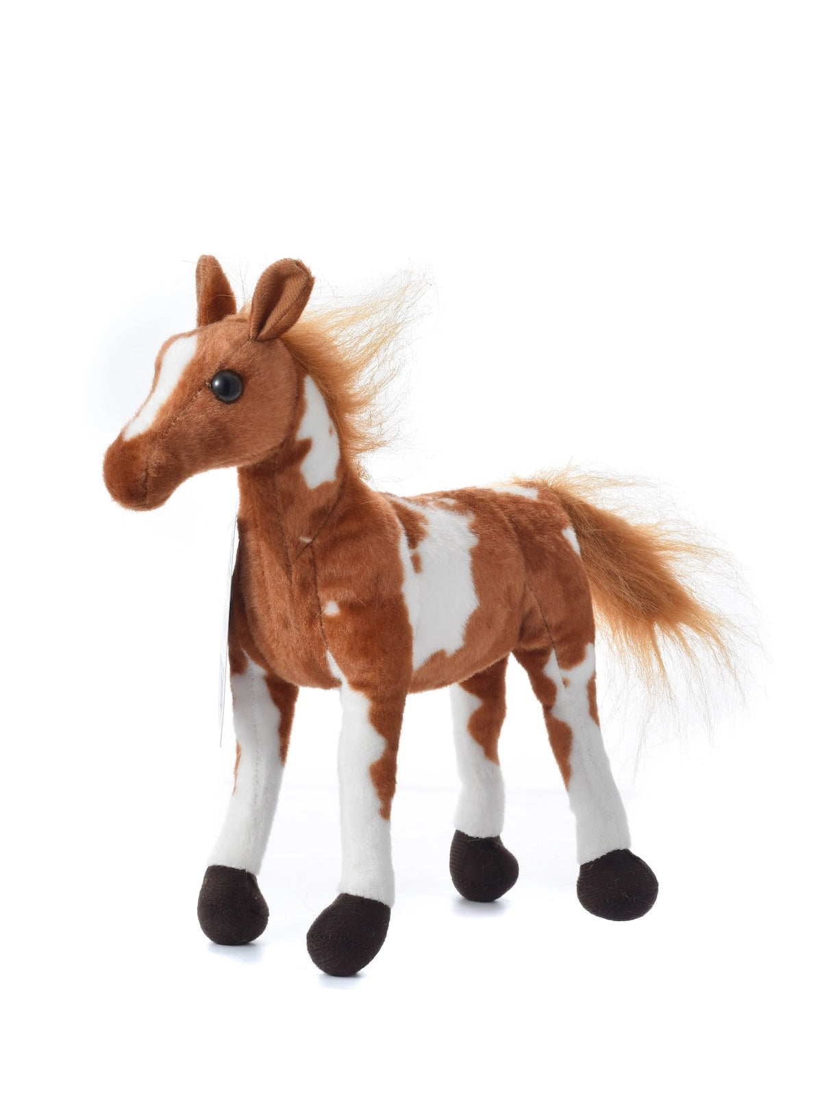 Kawai plush horse with brown and white patches and light tail, side view