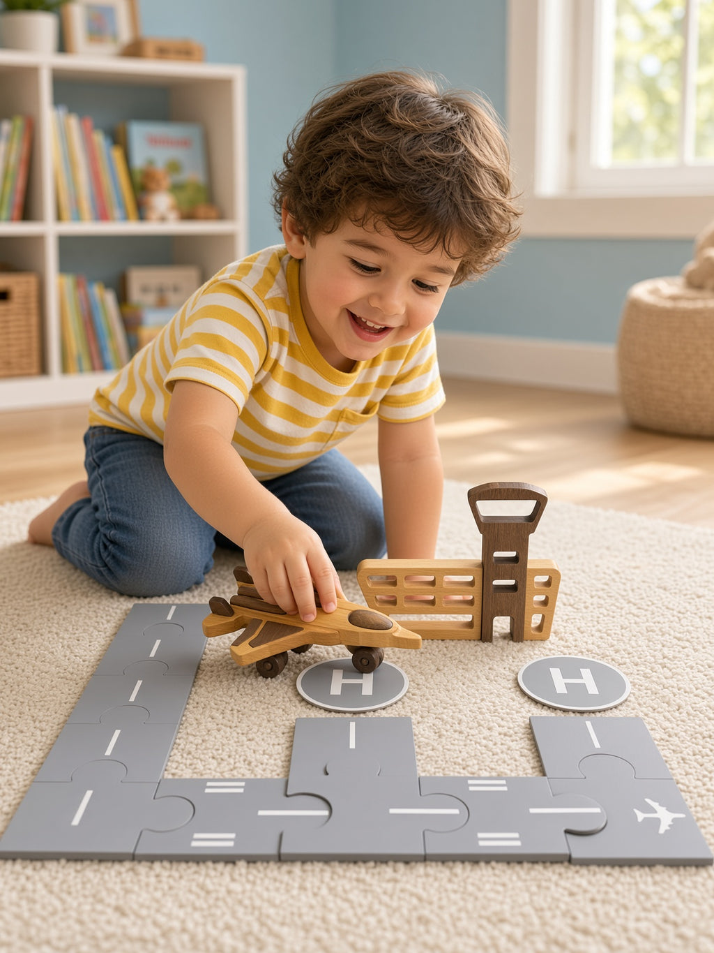 Child playing with a wooden airport playset with puzzle runway, jet, and control tower