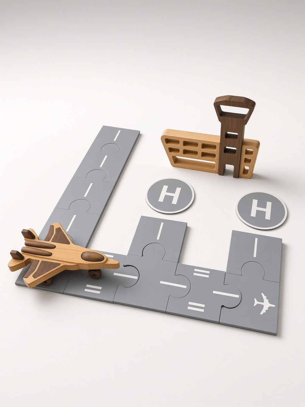 Wooden airport playset: gray puzzle runway pieces, wooden jet, control tower, and helipads