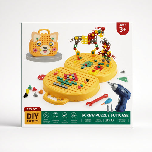 203-piece screw puzzle suitcase box showing toy drill, pegboard case, and build designs