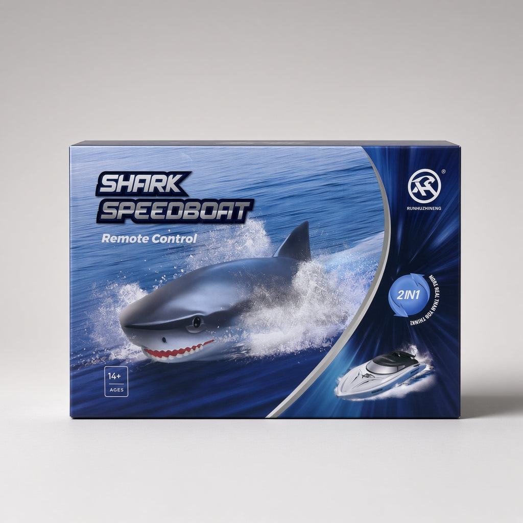 2-in-1 remote control Shark Speedboat retail box showing shark and boat