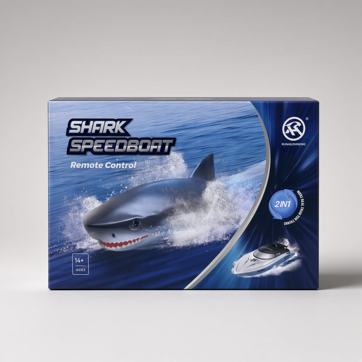 2-in-1 remote control Shark Speedboat retail box showing shark and boat