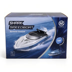 Shark Speedboat remote control boat box, side showing the white speedboat