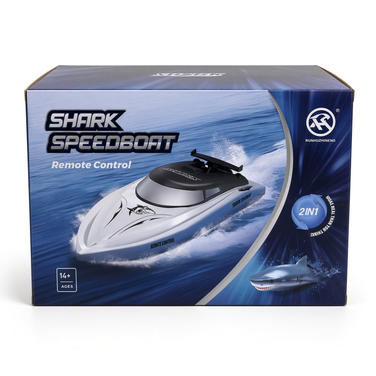 Shark Speedboat remote control boat box, side showing the white speedboat