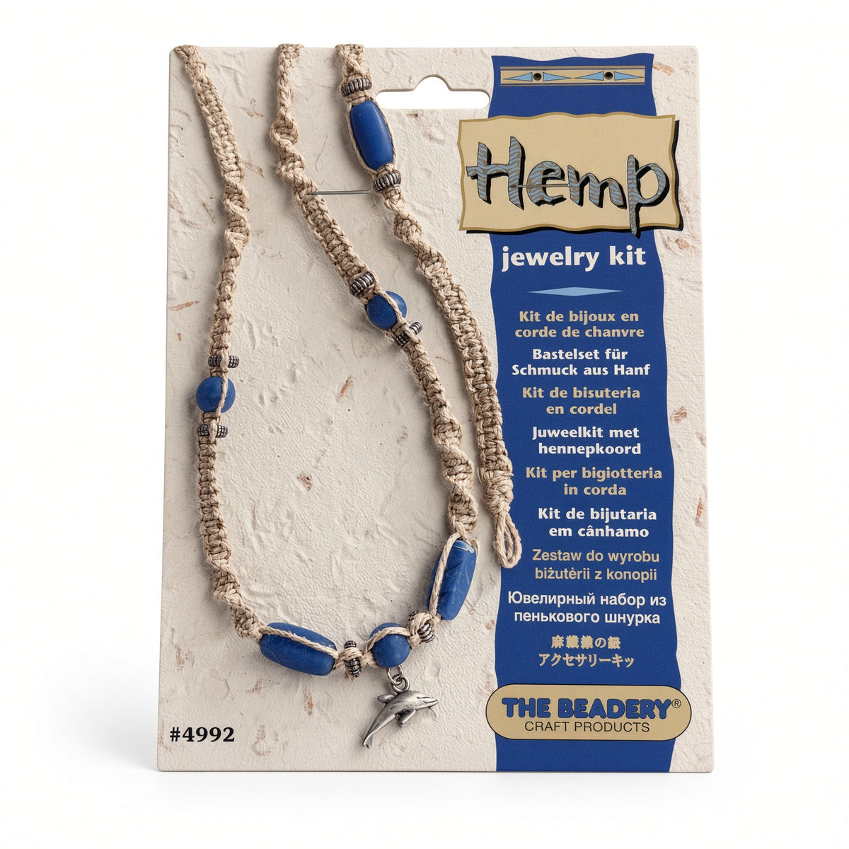 The Beadery hemp jewelry kit card with blue bead hemp necklaces