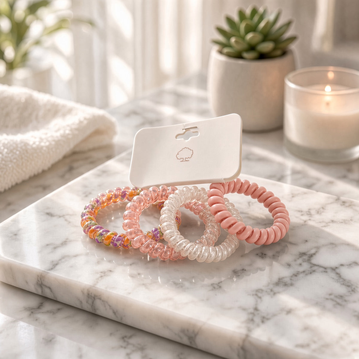 Pink, cream, and multicolor spiral coil hair ties on a marble surface