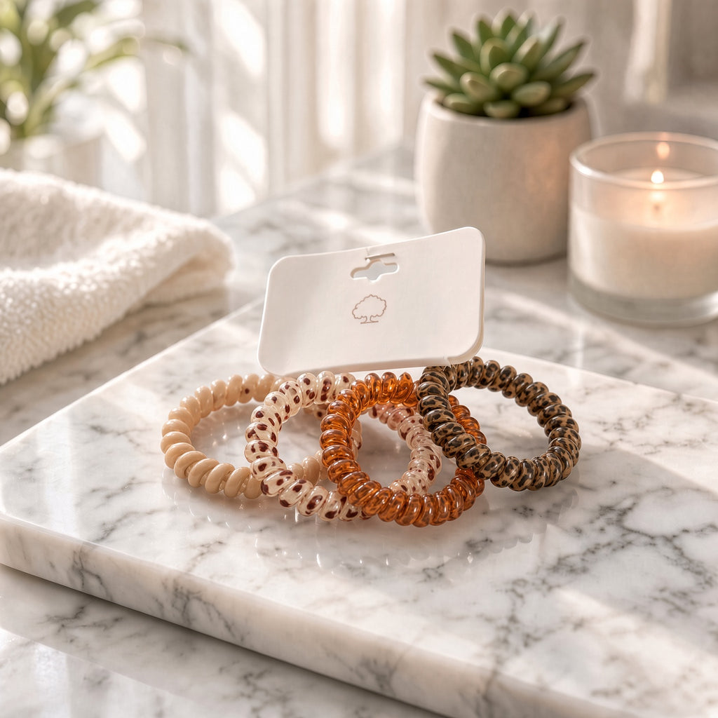 Light brown, speckled, and copper spiral coil hair ties set