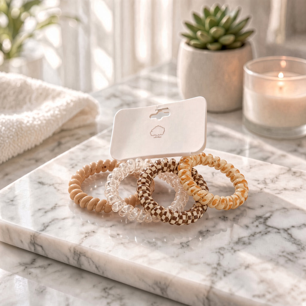 Tan, clear, and brown spiral hair coils on a marble tray