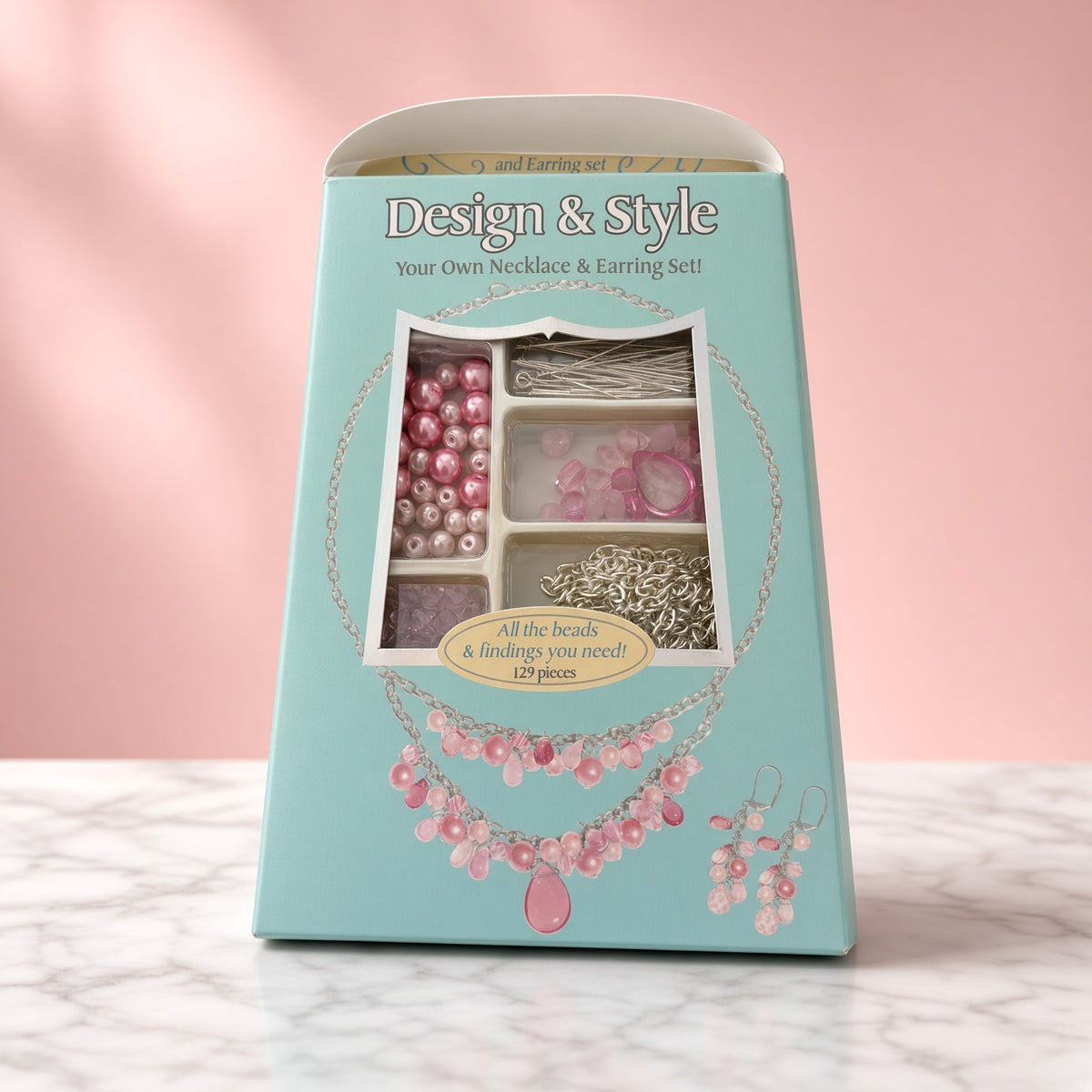 Design & Style necklace and earring bead kit box with pink beads and charms