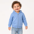 Toddler wearing a light blue zip-up fleece hoodie with jeans