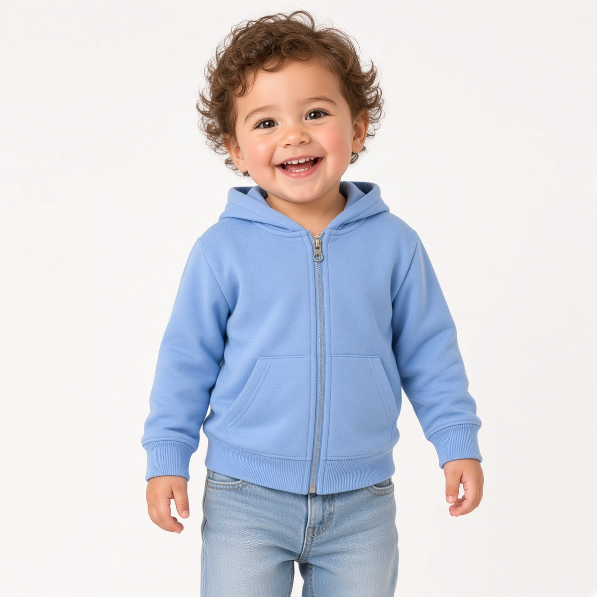 Toddler wearing a light blue zip-up fleece hoodie with jeans