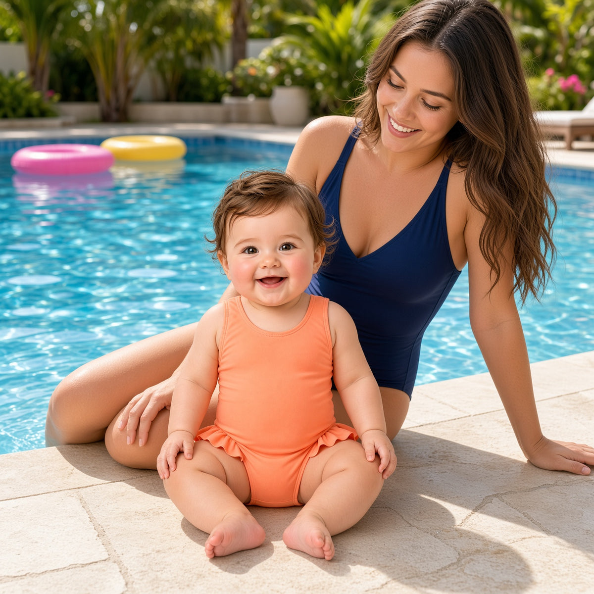 Baby in a coral ruffle one-piece swimsuit sitting poolside with an adult