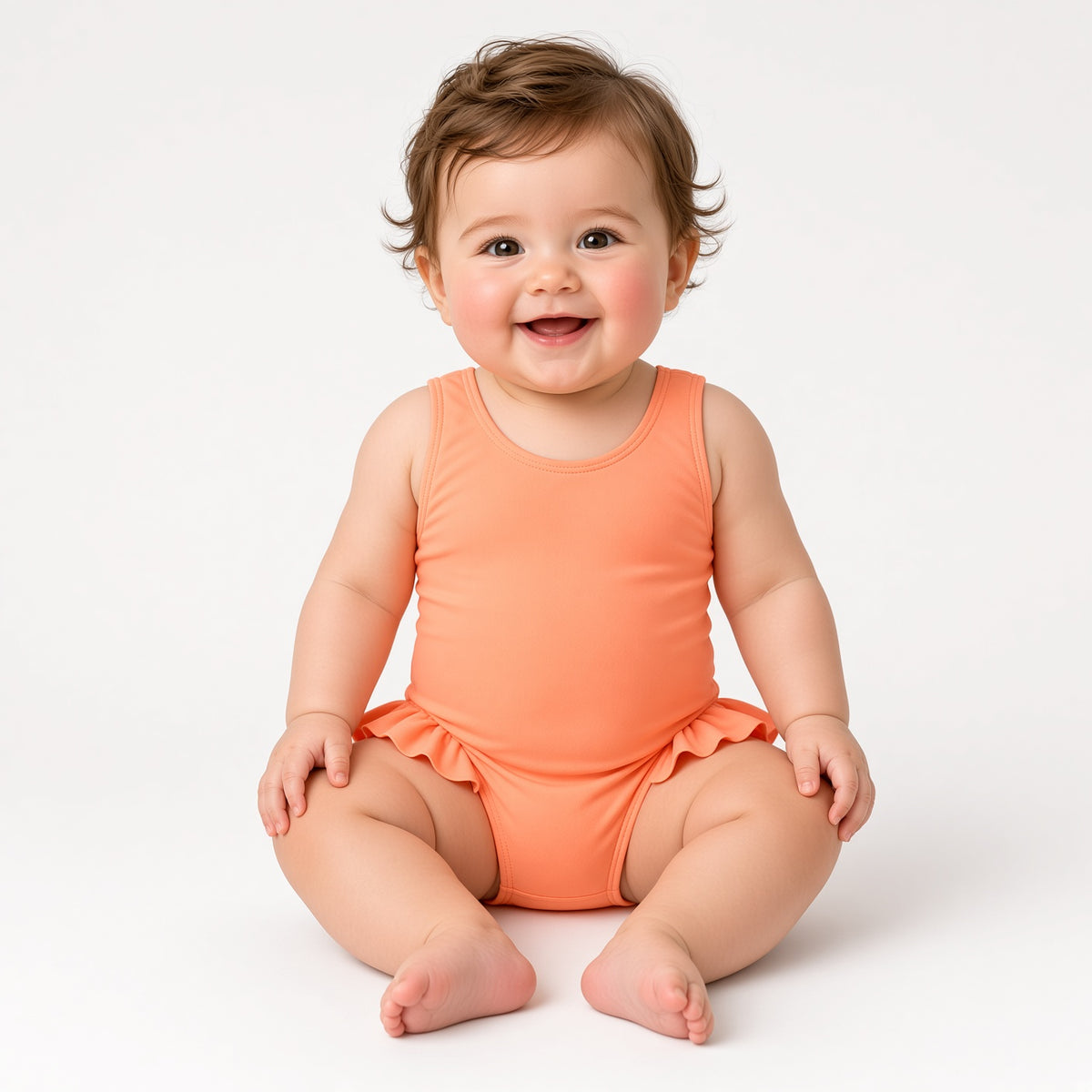 Baby wearing a coral tank one-piece swimsuit with ruffle hips