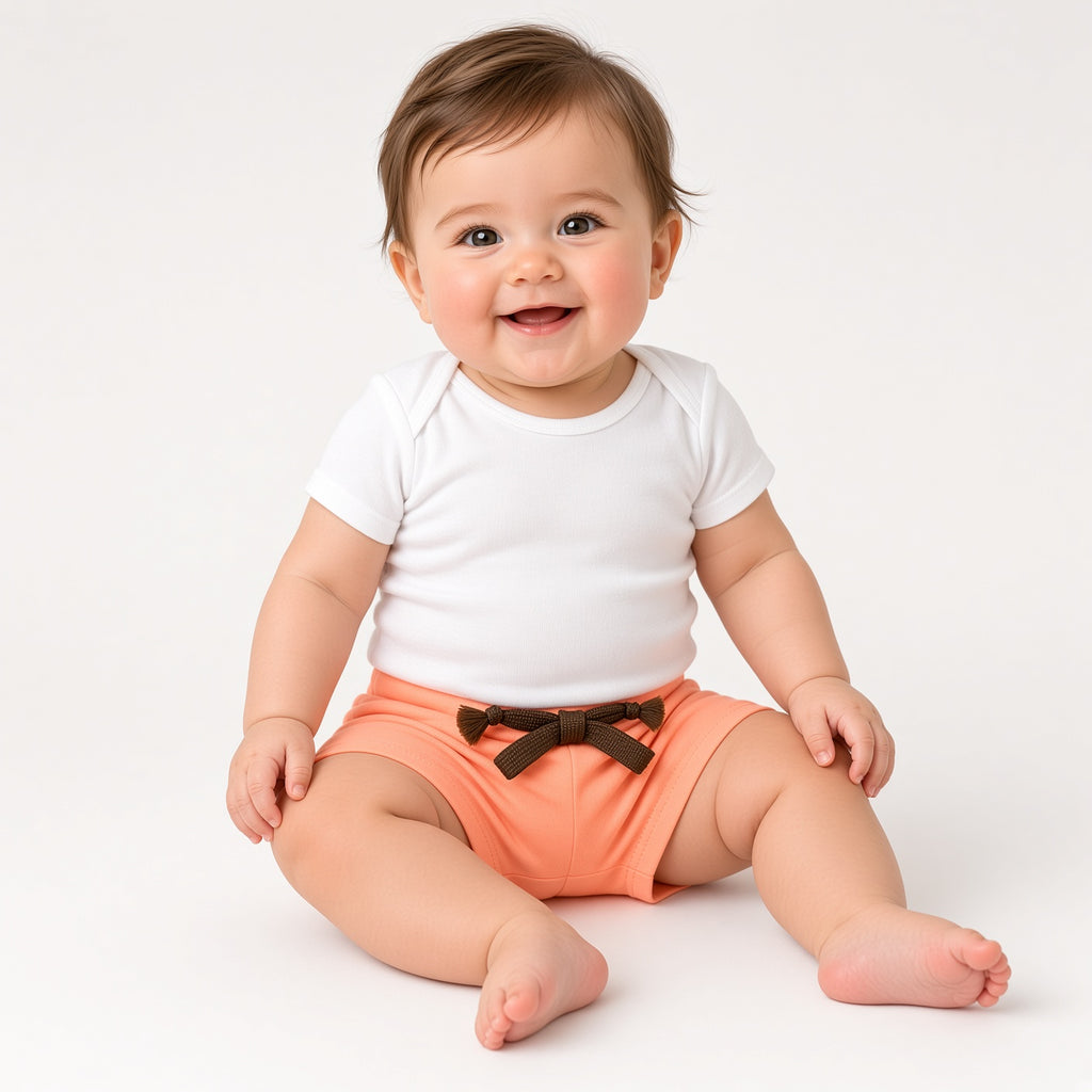 Baby wearing coral tie-waist summer shorts with a white tee
