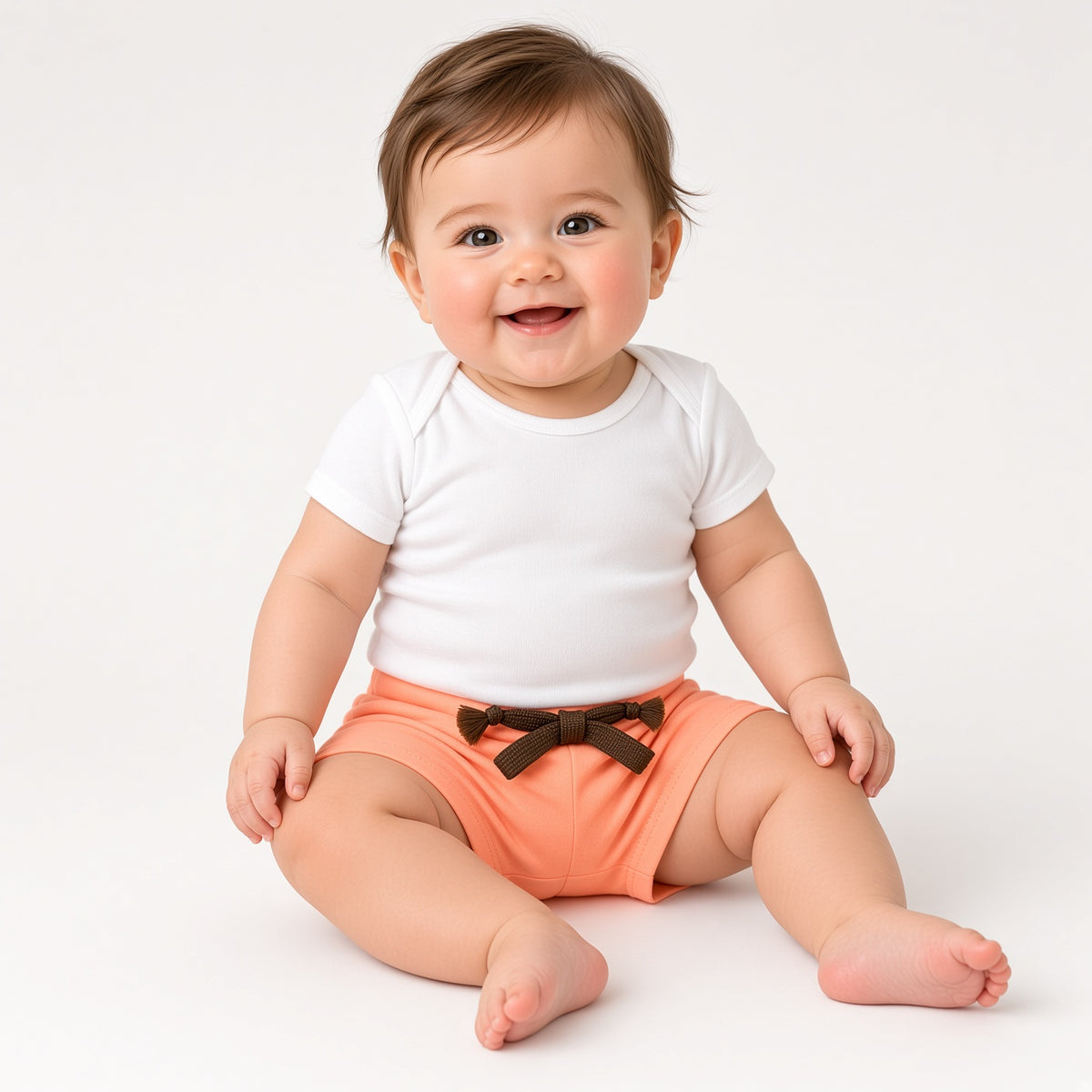 Baby wearing coral tie-waist summer shorts with a white tee