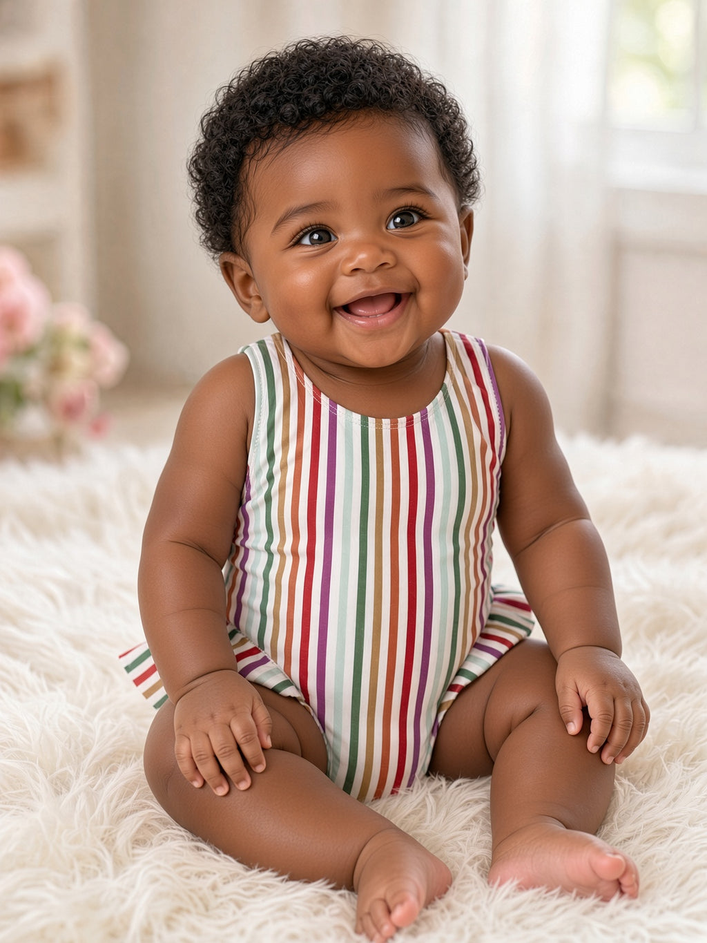 Baby sitting in a rainbow vertical stripe sleeveless one-piece swimsuit