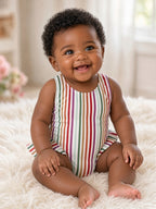 Baby sitting in a rainbow vertical stripe sleeveless one-piece swimsuit