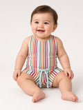 Baby in a rainbow stripe tank with matching striped drawstring shorts