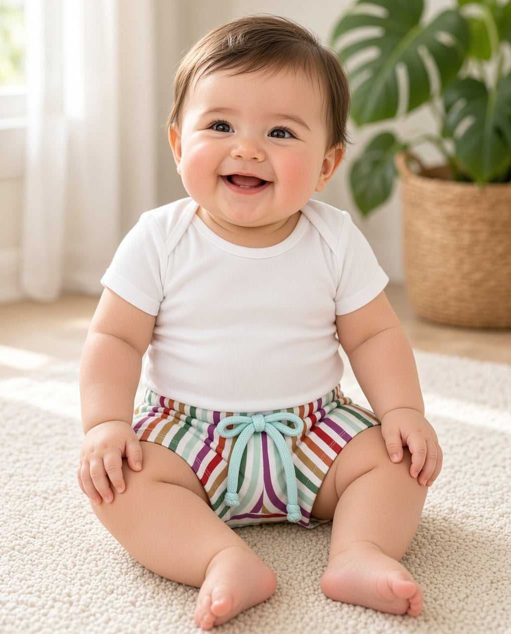 Baby wearing rainbow stripe drawstring shorts with a mint bow and white onesie