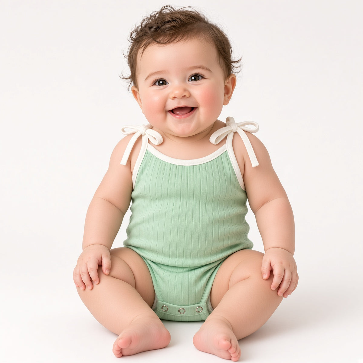 Baby wearing a mint ribbed tie-strap one-piece swimsuit