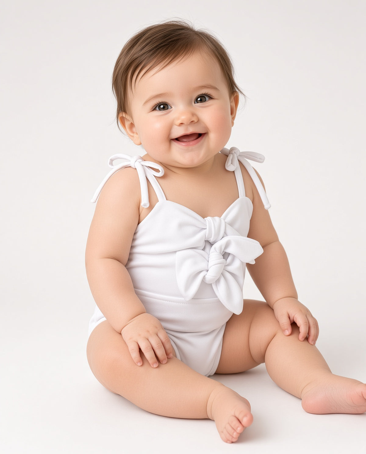 Baby wearing a white one-piece swimsuit with tie straps and front bow