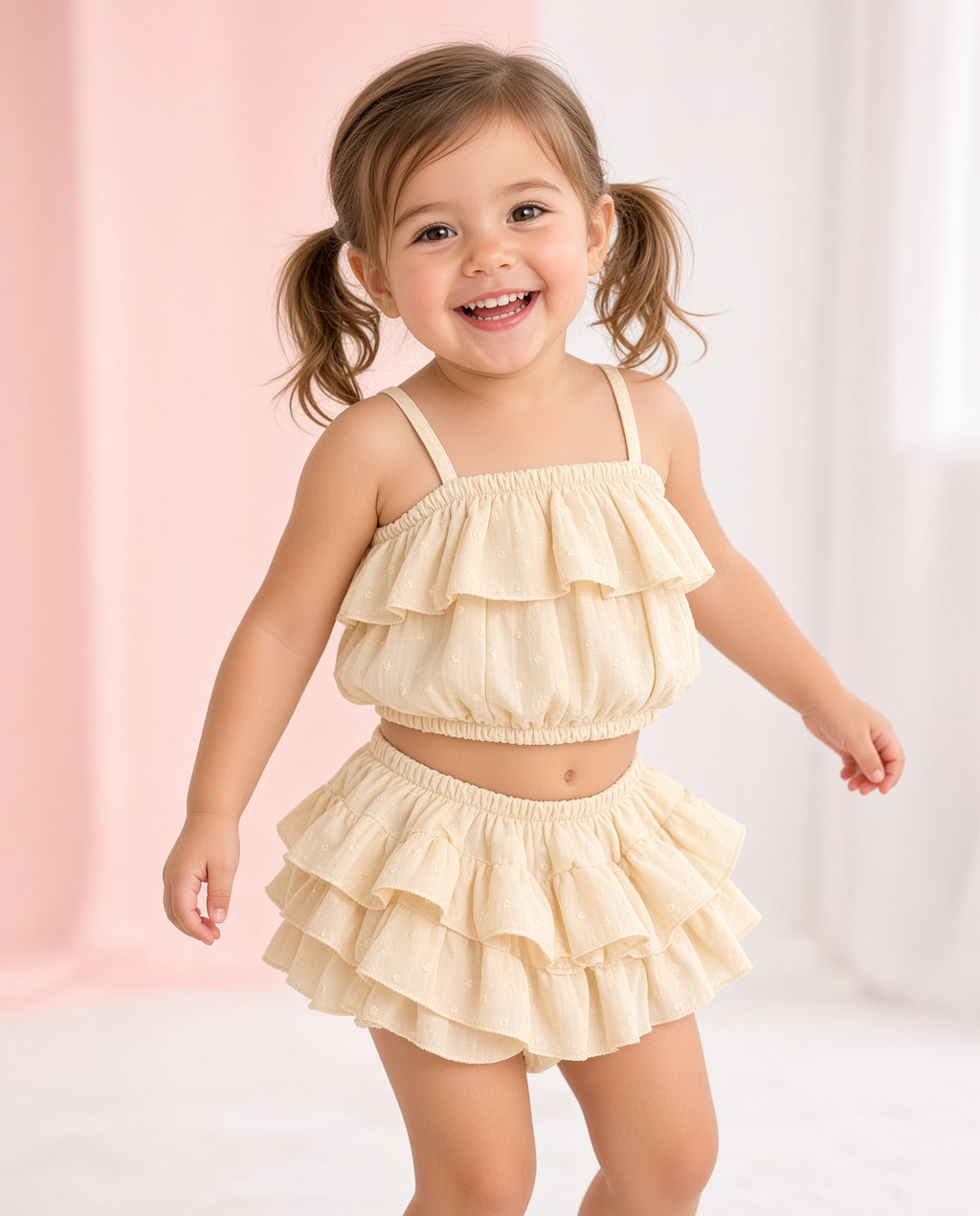 Toddler wearing a cream ruffle crop top and ruffle skirted shorts set