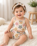 Baby wearing a daisy print ribbed tank and bloomers set with headband