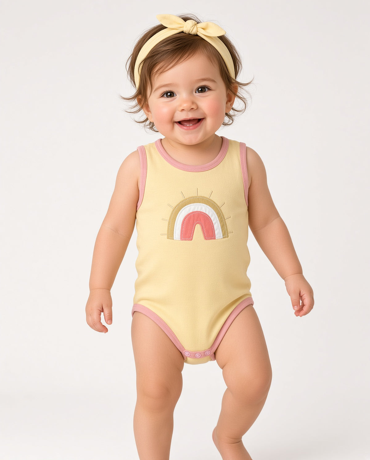Baby wearing a yellow rainbow tank snap onesie with matching bow headband