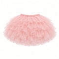 Pink fluffy layered tulle tutu skirt with elastic waist, front view