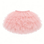 Pink fluffy layered tulle tutu skirt with elastic waist, front view