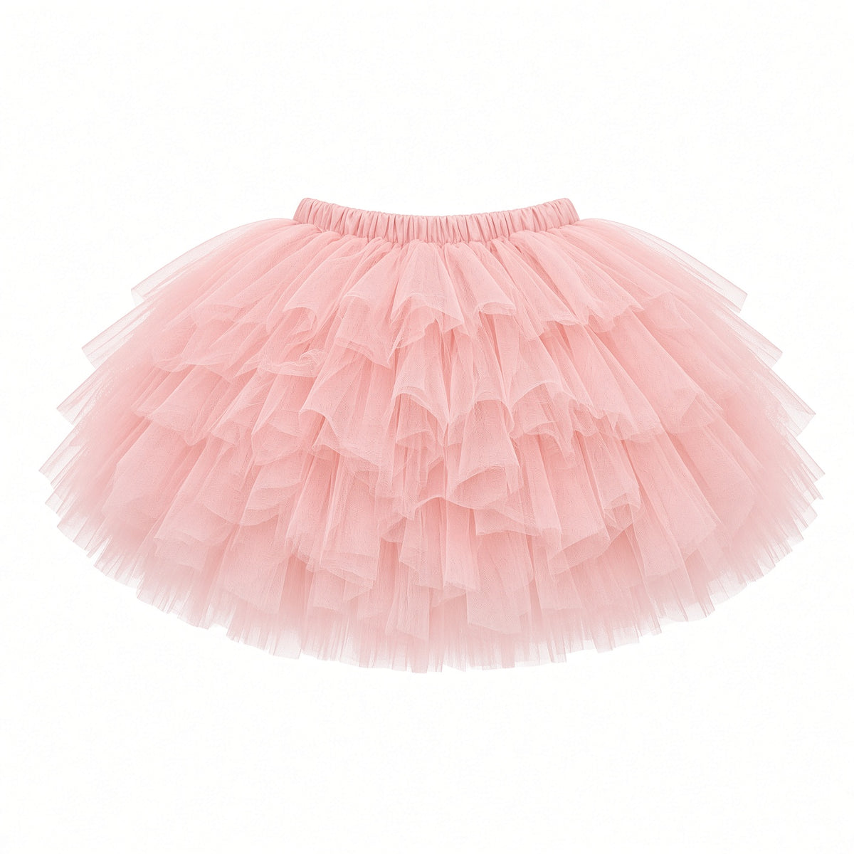 Pink fluffy layered tulle tutu skirt with elastic waist, front view