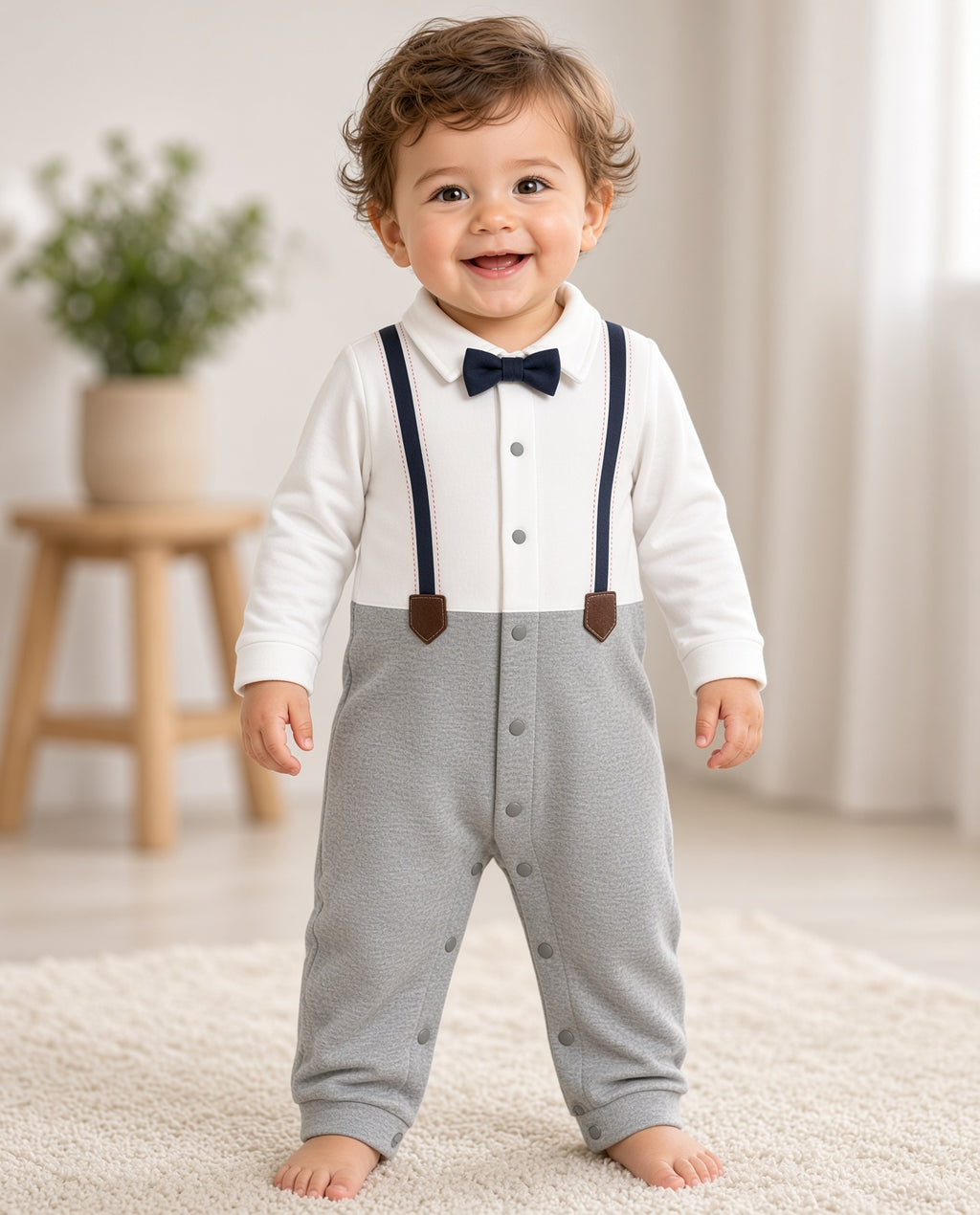 Toddler wearing a baby tuxedo snap romper with navy bow tie, faux suspenders, and gray legs