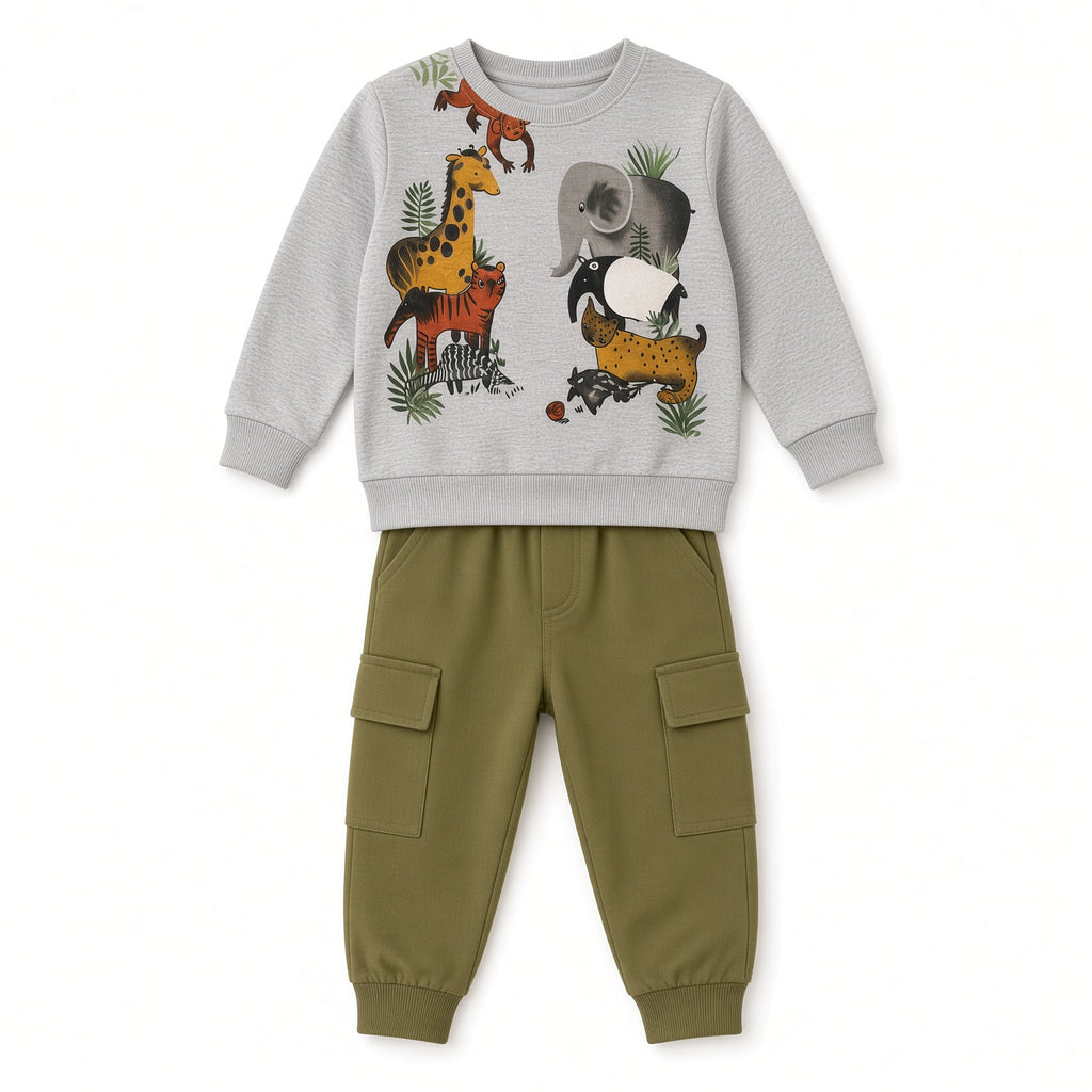 Toddler forest animal sweatshirt and olive cargo pants set, front view on white