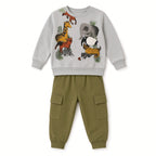 Toddler forest animal sweatshirt and olive cargo pants set, front view on white