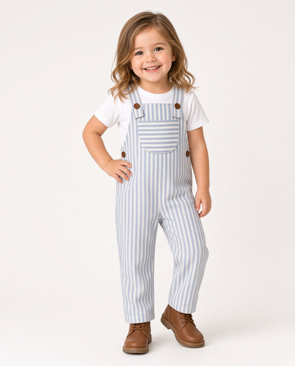 Toddler wearing blue and white stripe button-front overalls with a white tee