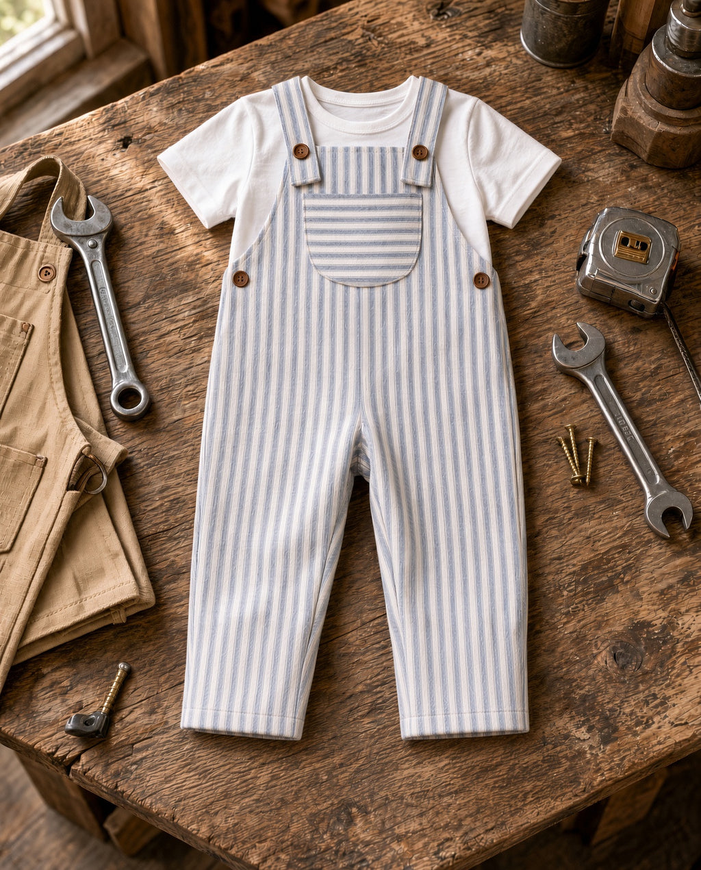 Toddler blue pinstripe overalls with front pocket and buttons over a white tee, flat lay