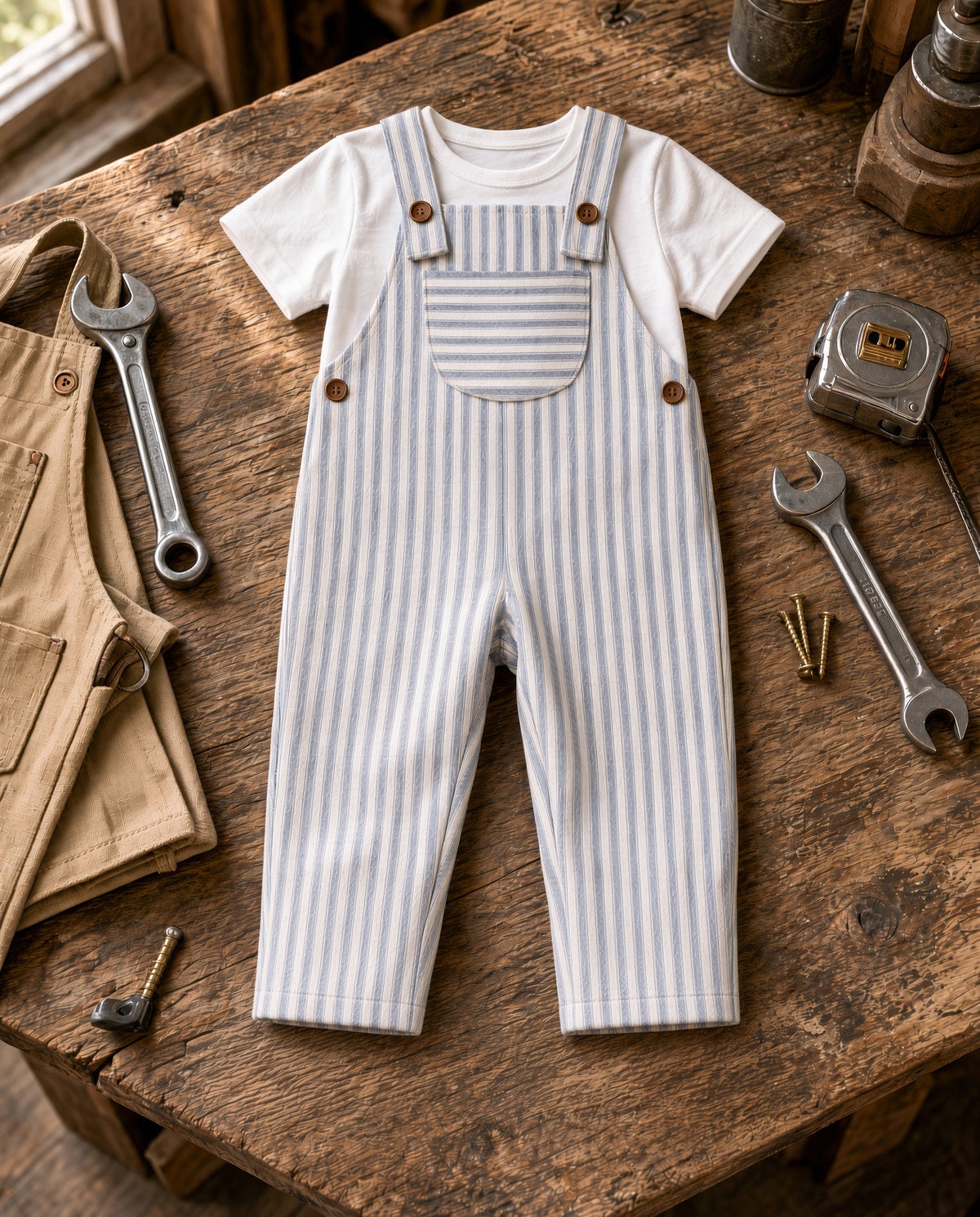 Toddler blue pinstripe overalls with front pocket and buttons over a white tee, flat lay