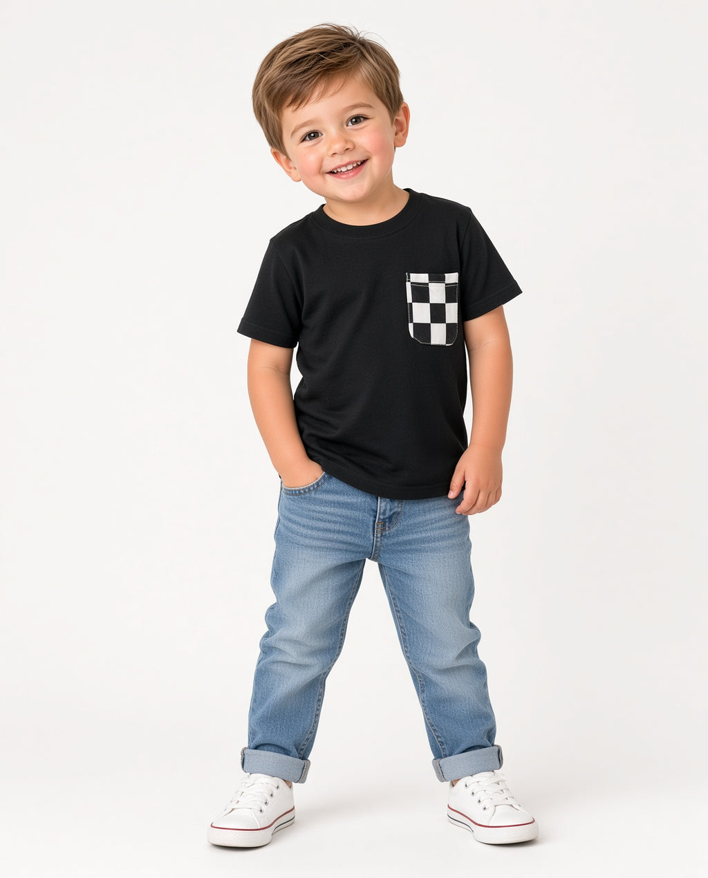 Boy wearing a black short-sleeve tee with black and white checkered pocket
