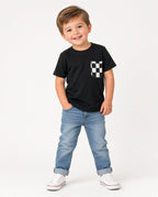 Boy wearing a black short-sleeve tee with black and white checkered pocket