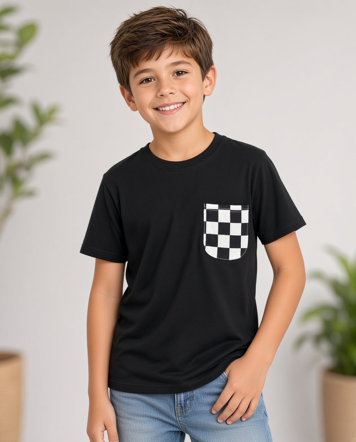 Smiling boy in a black checkered-pocket tee and jeans