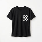 Kids black crewneck tee with black and white checkered chest pocket, front view