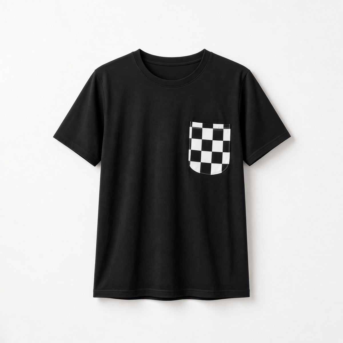 Kids black crewneck tee with black and white checkered chest pocket, front view