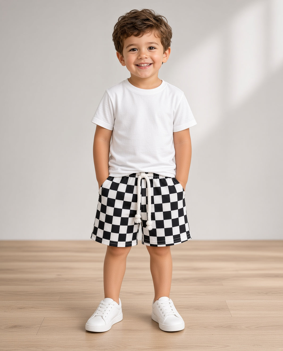 Boy wearing black and white checkered drawstring shorts with a white tee