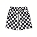 Kids black and white checkered drawstring shorts with pockets, front view
