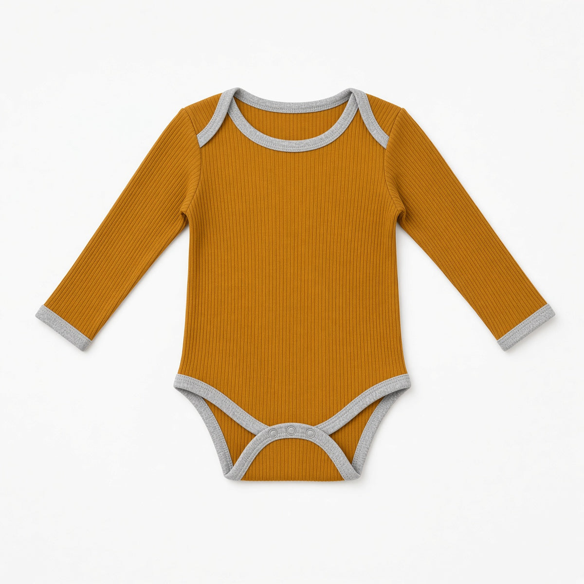 Mustard ribbed long-sleeve baby onesie with gray contrast trim, front view